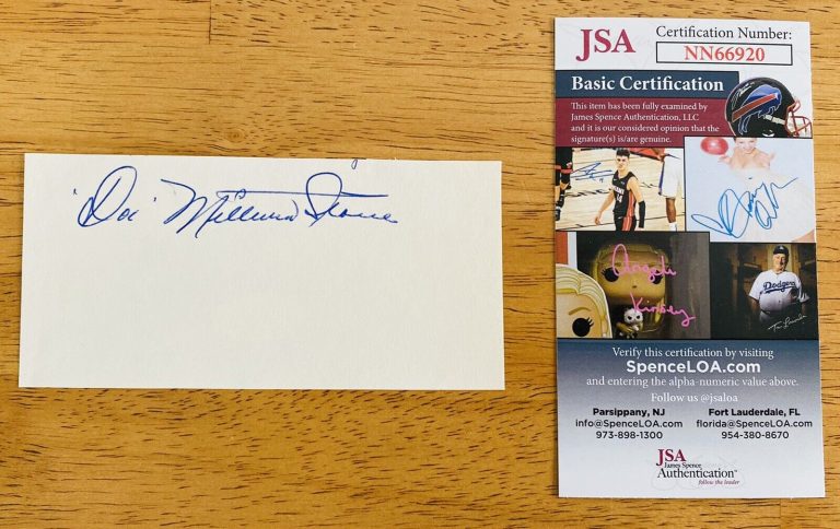 MILBURN STONE SIGNED AUTOGRAPHED 2.5 X 5 CUT JSA CERT GUNSMOKE DOC INSCRIPTION
 COLLECTIBLE MEMORABILIA