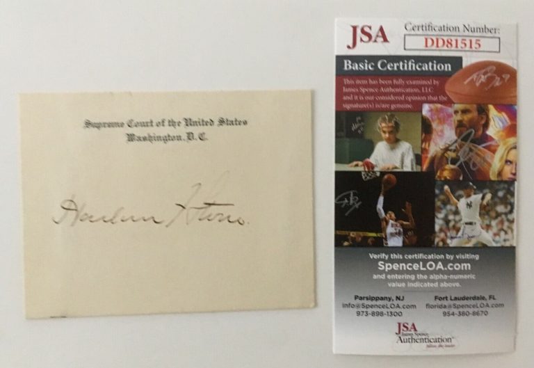 HARLAN STONE SIGNED AUTOGRAPHED SUPREME COURT CARD JSA CERTIFIED
 COLLECTIBLE MEMORABILIA