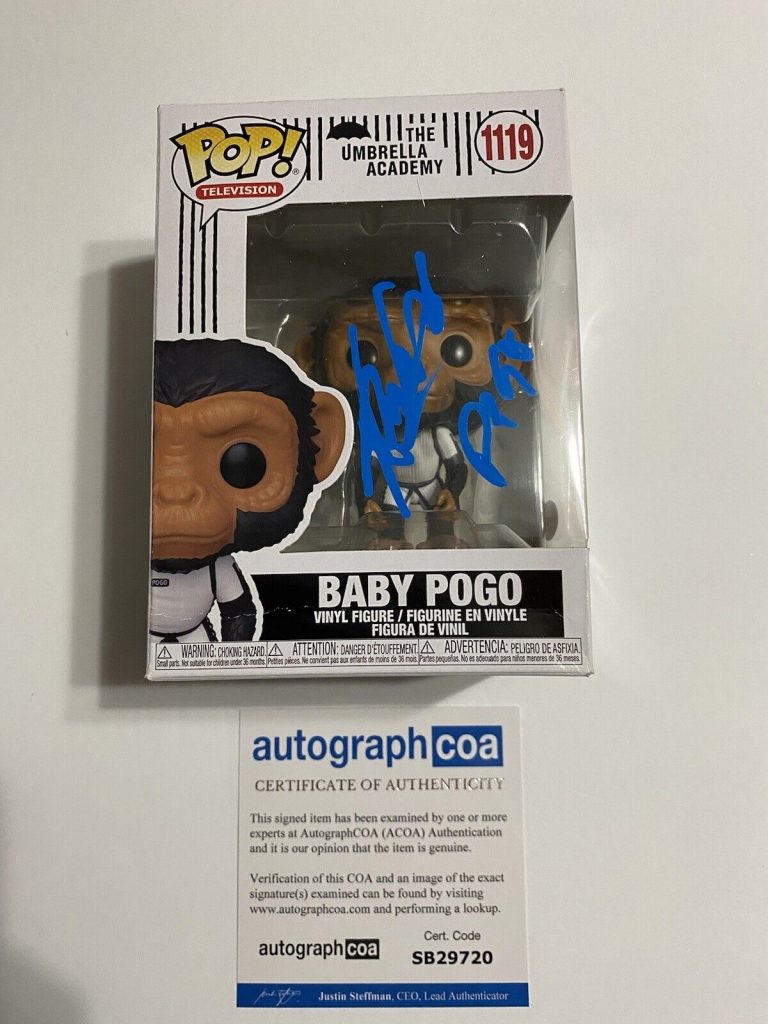 ADAM GODLEY SIGNED AUTOGRAPHED FUNKO POP UMBRELLA ACADEMY BABY POGO ACOA
 COLLECTIBLE MEMORABILIA