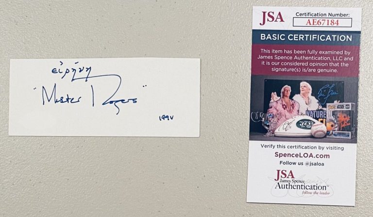 MISTER ROGERS SIGNED AUTOGRAPHED 2×5 CARD JSA CERTIFIED FRED MR NEIGHBORHOOD
 COLLECTIBLE MEMORABILIA