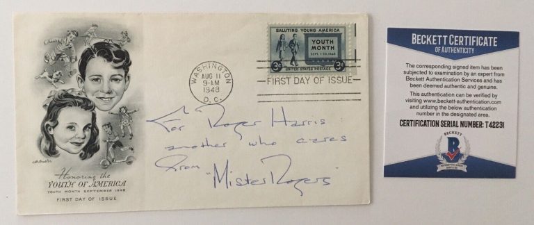 MISTER FRED ROGERS SIGNED AUTOGRAPHED FIRST DAY COVER BAS BECKETT CERTIFIED MR.
 COLLECTIBLE MEMORABILIA