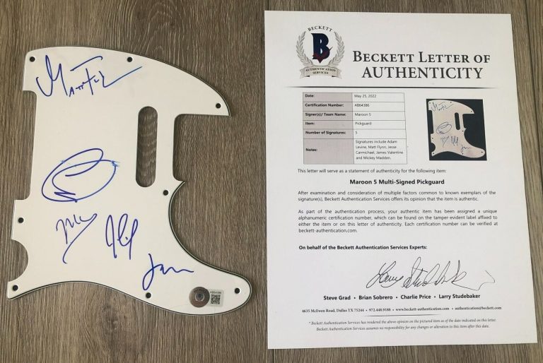 MAROON 5 SIGNED GUITAR PICKGUARD ADAM LEVINE +4 W/PROOF & BECKETT BAS LOA COA
 COLLECTIBLE MEMORABILIA
