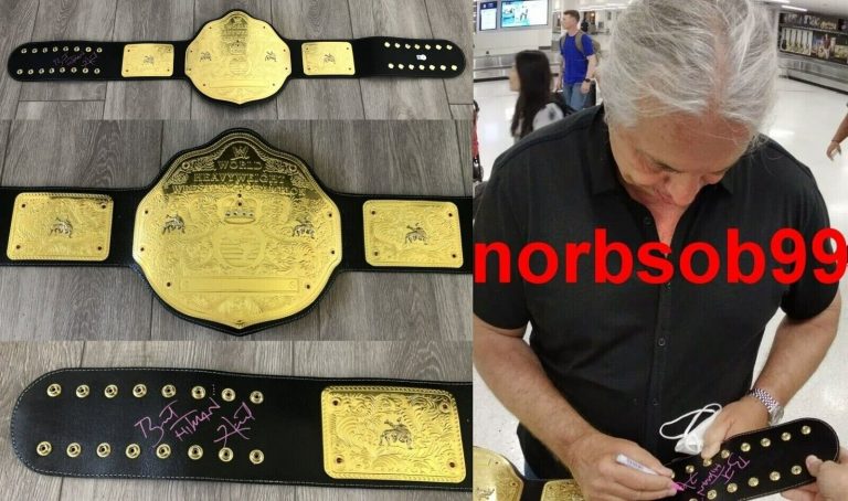 BRET THE HITMAN HART SIGNED WWE WWF CHAMPIONSHIP LEATHER BELT W/PIC BECKETT COA
 COLLECTIBLE MEMORABILIA