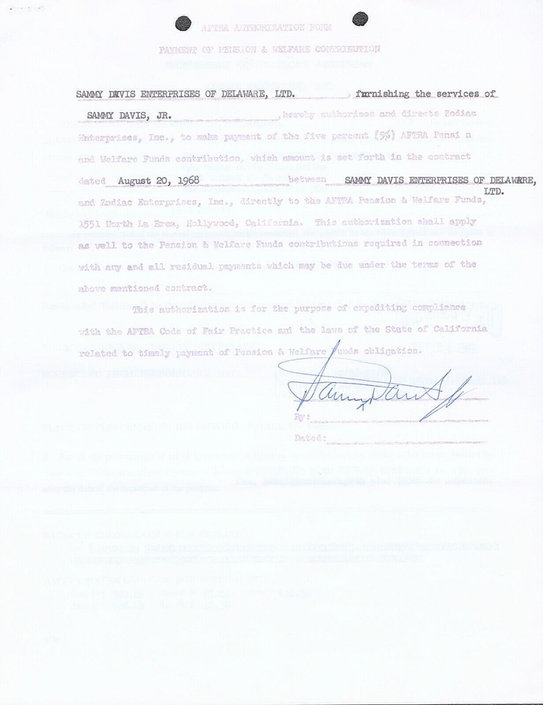 SAMMY DAVIS JR SIGNED AUTOGRAPH AFTRA CONTRACT JSA LOA
 COLLECTIBLE MEMORABILIA