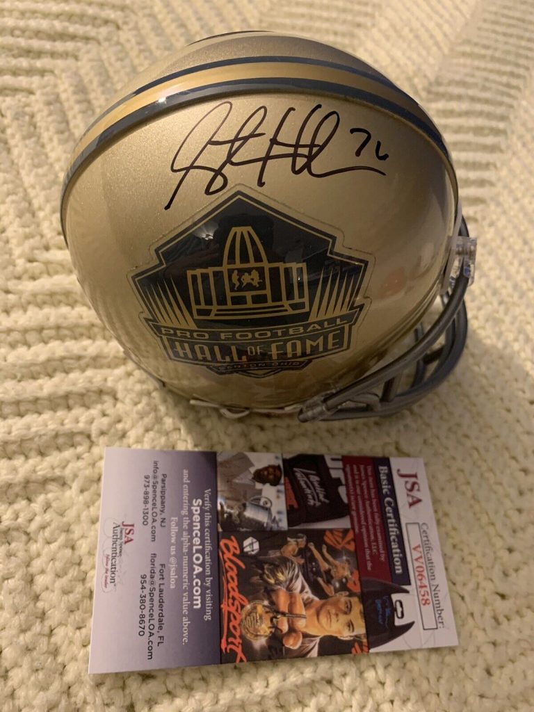 STEVE HUTCHINSON SIGNED GOLD HALL OF FAME MINI HELMET JSA AUTHENTICATION COA
 COLLECTIBLE MEMORABILIA