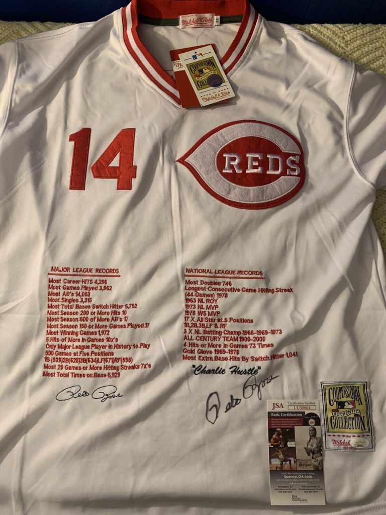 PETE ROSE SIGNED REDS STAT JERSEY STITCHED XL JSA AUTHENTICATION COA
 COLLECTIBLE MEMORABILIA
