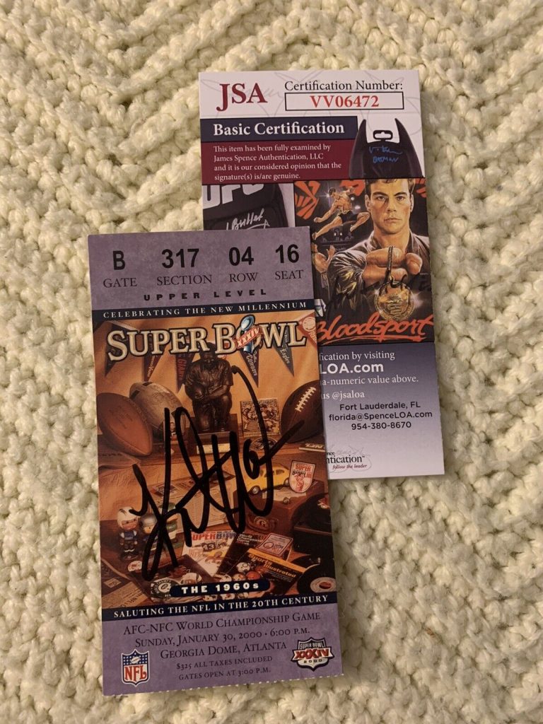 KURT WARNER SIGNED 2000 SUPER BOWL GAME TICKET XXXIV JSA AUTHENTICATION COA MVP
 COLLECTIBLE MEMORABILIA