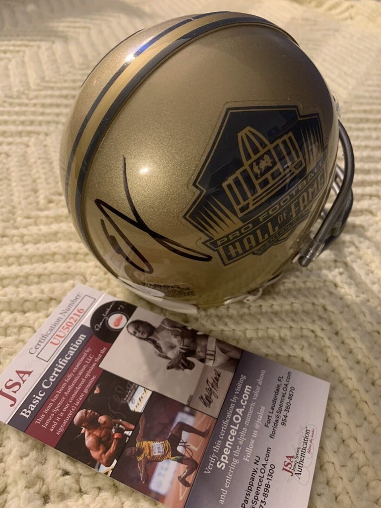 EDGERRIN JAMES SIGNED GOLD HALL OF FAME MINI HELMET JSA AUTHENTICATION COA EDGE
 COLLECTIBLE MEMORABILIA