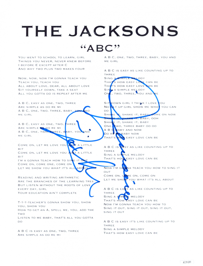 JERMAINE JACKSON SIGNED AUTOGRAPH LYRIC SHEET “ABC” JSA COA THE JACKSON FIVE
 COLLECTIBLE MEMORABILIA