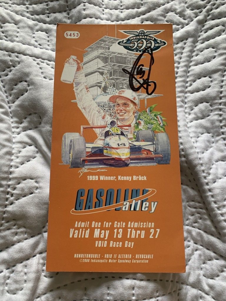 KENNY BRACK 1999 WINNER SIGNED INDIANAPOLIS INDY 500 TICKET 2000 RACE PIT PASS
 COLLECTIBLE MEMORABILIA