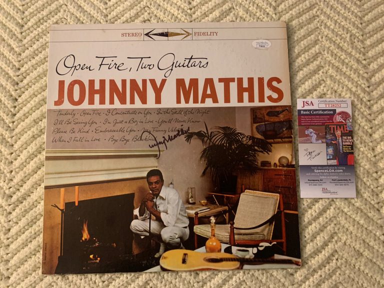 JOHNNY MATHIS SIGNED OPEN FIRE 2 GUITAR VINYL RECORD ALBUM JSA AUTHENTICATED COA
 COLLECTIBLE MEMORABILIA