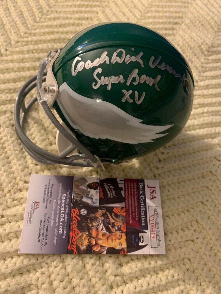 DICK VERMEIL SIGNED EAGLES MINI HELMET JSA AUTHENTICATION COA AUTOGRAPHED
 COLLECTIBLE MEMORABILIA