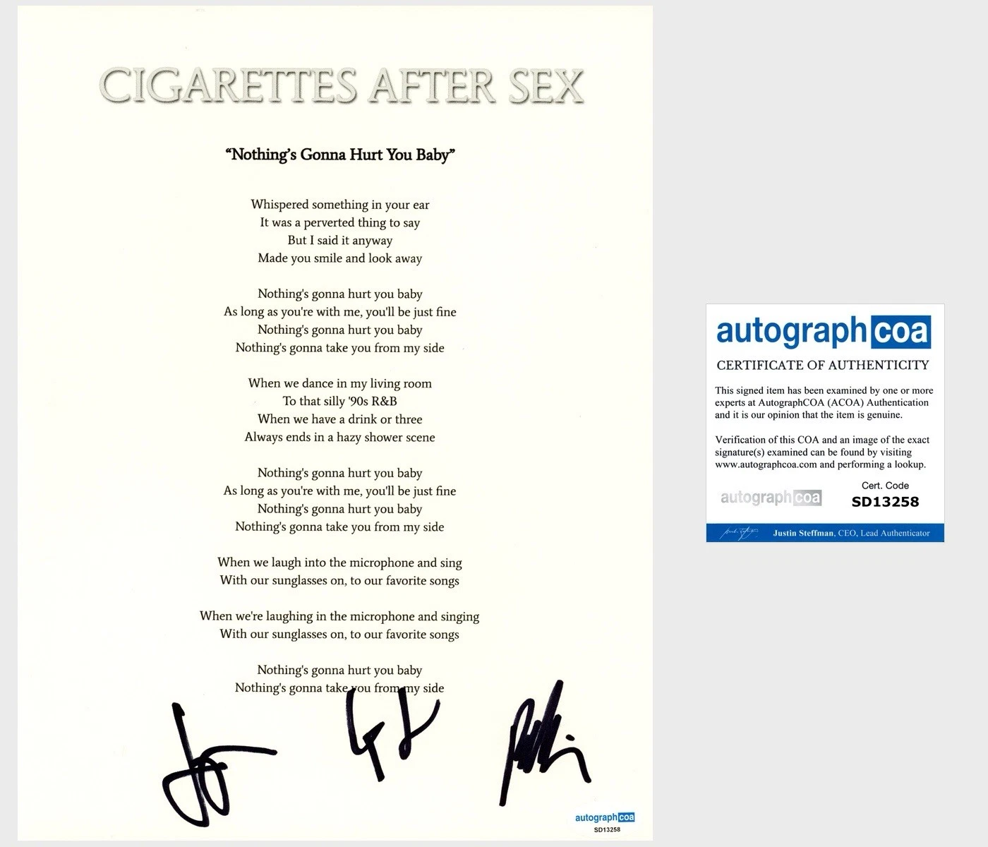 Cigarettes After Sex Band Signed Lyric Sheet Nobodys Gonna Hurt You