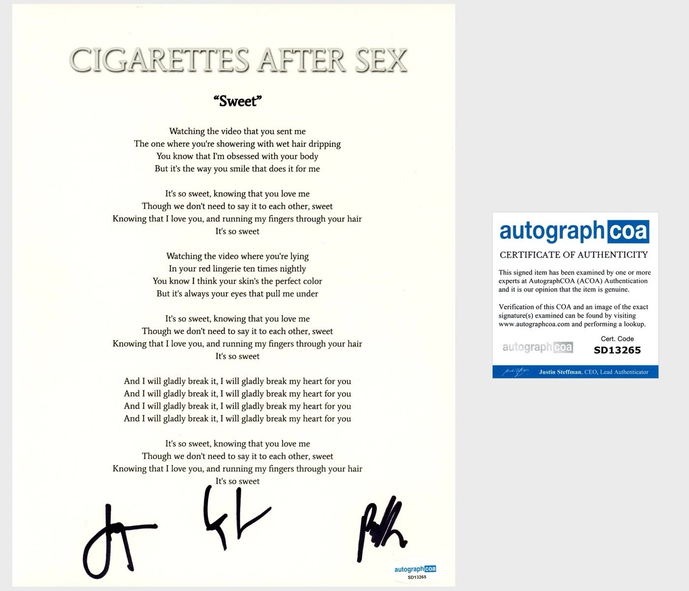 Cigarettes After Sex Band Signed Lyric Sheet Sweet Greg Gonzalez