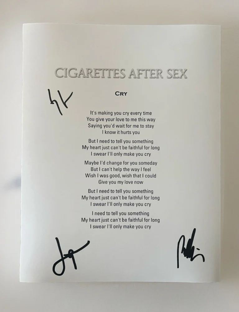 Cigarettes After Sex Full Band Signed Cry Lyric Sheet Autograph