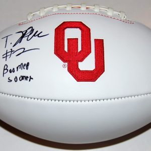 T.J. (TJ) PLEDGER signed (OKLAHOMA SOONERS) Embroidered logo football W/COA C Collectible Memorabilia