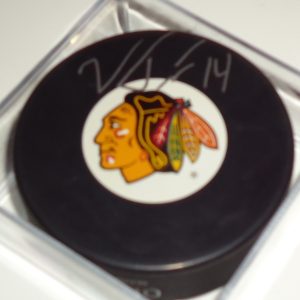 Viktor Tikhonov signed 15-16 Chicago Blackhawks souvenir hockey puck w/coa #14 Collectible Memorabilia