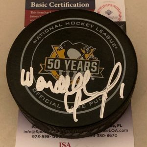 Wendell Young signed Pittsburgh Penguins 50th Anniversary Game Puck JSA Collectible Memorabilia