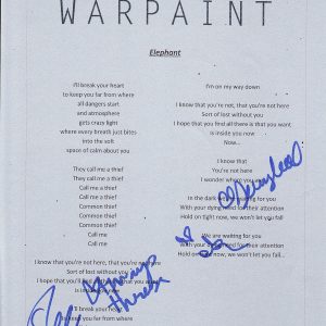 WARPAINT GROUP SIGNED ELEPHANT LYRIC SHEET Collectible Memorabilia