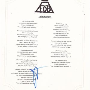 FALL OUT BOY PATRICK STUMP SIGNED UMA THURMAN LYRIC SHEET Collectible Memorabilia