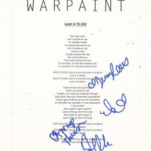 WARPAINT GROUP SIGNED LOVE IS TO DIE LYRIC SHEET Collectible Memorabilia