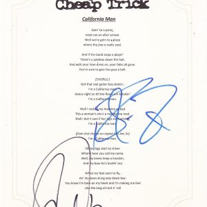 CHEAP TRICK GROUP SIGNED CALIFORNIA MAN LYRIC SHEET Collectible Memorabilia