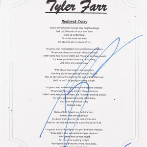 TYLER FARR SIGNED REDNECK CRAZY LYRIC SHEET Collectible Memorabilia