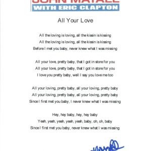 John Mayall Signed Autographed The Bluesbreakers ALL YOUR LOVE Lyric Sheet COA