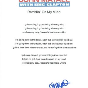 John Mayall Signed The Bluesbreakers RAMBLIN' ON MY MIND Song Lyric Sheet COA