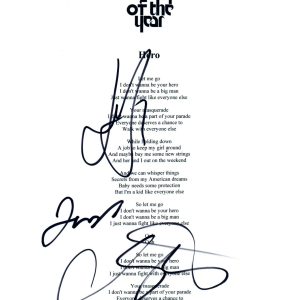 FAMILY OF THE YEAR Signed Autographed "Hero" Song Lyric Sheet by 3 COA