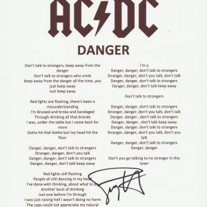 SIMON WRIGHT SIGNED AC/DC DANGER LYRIC SHEET