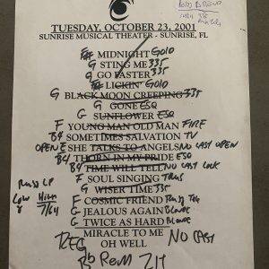The Black Crowes 10-23-01 Tour Concert Used Set List W/ Notes Sunrise, FL