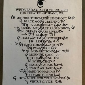 The Black Crowes 8-29-01 Tour Concert Used Set List W/ Notes Spokane, WA