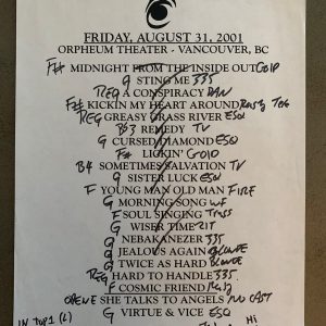 The Black Crowes 8-31-01 Tour Concert Used Set List W/ Notes Vancouver, BC