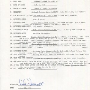 MIKE FARRELL HAND SIGNED+FILLED OUT 20 QUESTIONS BJ FROM MASH JSA