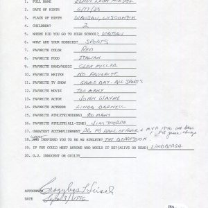 CRAZYLEGS HIRSCH HAND SIGNED+FILLED OUT 20 QUESTIONS HOF FOOTBALL JSA