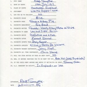 REG SMYTHE HAND SIGNED+FILLED OUT 20 QUESTIONS ANDY CAPP CARTOONIST JSA