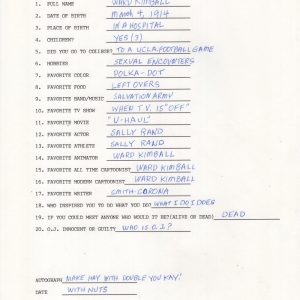 WARD KIMBALL HAND SIGNED+FILLED OUT 20 QUESTIONS+COA GREAT DISNEY ANIMATOR