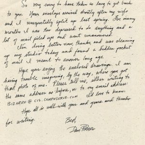 DAN PIRARO HAND SIGNED+HAND WRITTEN LETTER FROM 1996 GREAT CARTOONIST BIZARRO