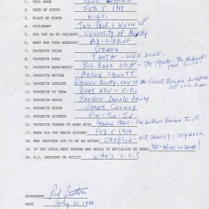 RED BUTTONS HAND SIGNED+FILLED OUT 20 QUESTIONS GREAT COMEDIAN JSA