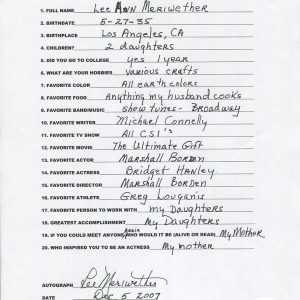 LEE MERIWETHER HAND SIGNED+FILLED OUT 20 QUESTIONS BATMAN'S CATWOMAN JSA