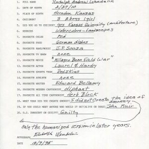 RUDOLPH WENDELIN HAND SIGNED+FILLED OUT 20 QUESTIONS SMOKEY THE BEAR JSA