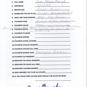 SAMMY BAUGH HAND SIGNED+FILLED OUT 20 QUESTIONS NFL LEGEND REDSKINS JSA