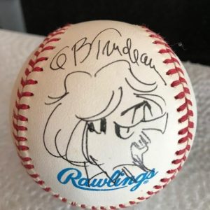 TRUDEAU+KEANE+ANDERSON+YOUNG SIGNED DRAWINGS ON 1 BASEBALL RARE JSA LETTER