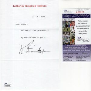 KATHARINE HEPBURN HAND SIGNED LETTER ON LETTERHEAD DEAR TOMMY JSA