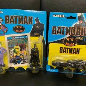 BATMAN DIE CAST METAL BATMOBILE+BATMAN/JOKER FIGURES 1990 IN ORIGINAL PACKAGES