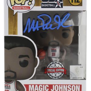 Lakers Magic Johnson Signed USA #112 Funko Pop Vinyl Figure w/ Blue Sig BAS Wit