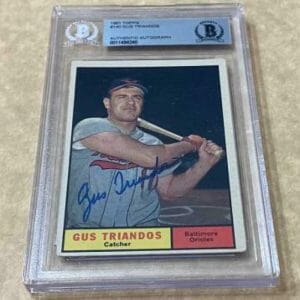 1961 TOPPS GUS TRIANDOS #140 ORIOLES SIGNED CARD BECKETT AUTHENTIC AUTO VINTAGE