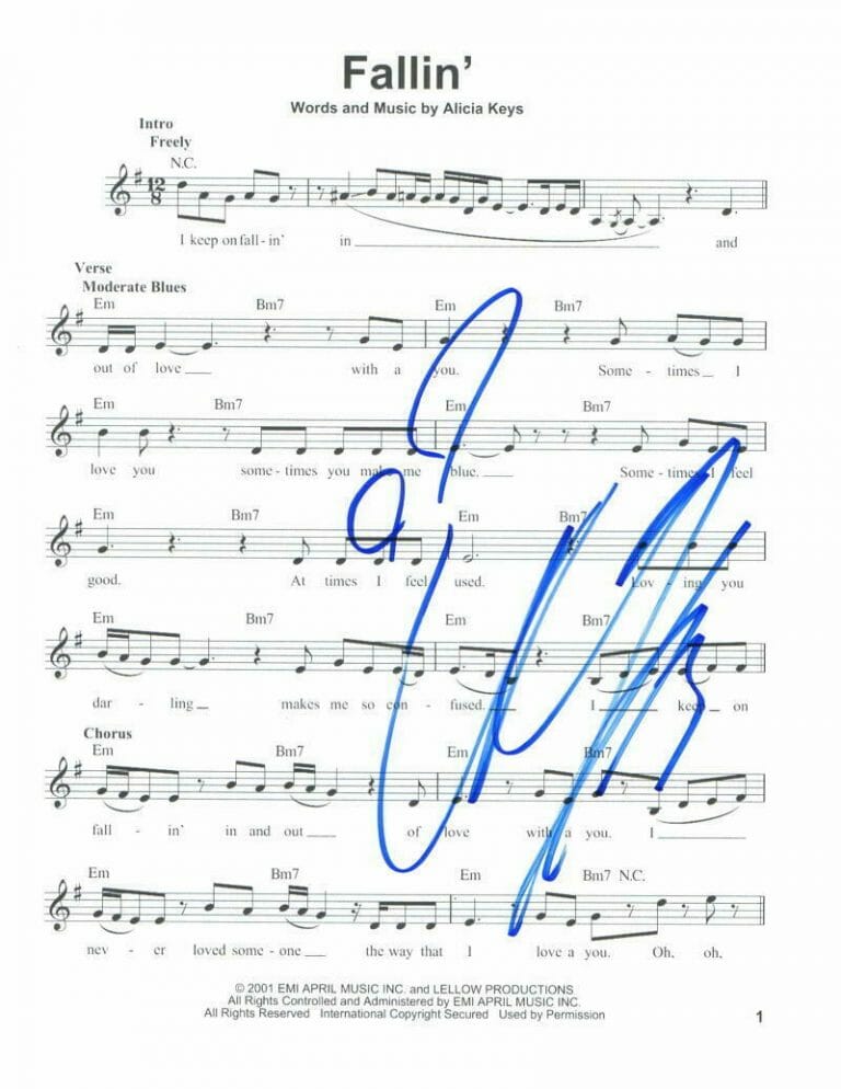 ALICIA KEYS SIGNED AUTOGRAPH FALLIN' SHEET MUSIC - SEXY SINGER, GIRL ON ...