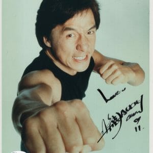 JACKIE CHAN HAND SIGNED 8x10 COLOR PHOTO BEST POSE EVER PUNCHING JSA